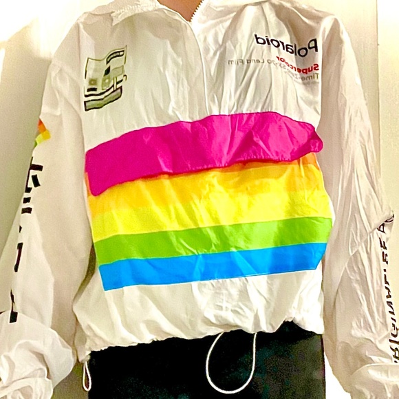 White Polaroid Jacket Windbreaker Hoodie Nylon Hooded Cargo Pocket Women's - Picture 2 of 4